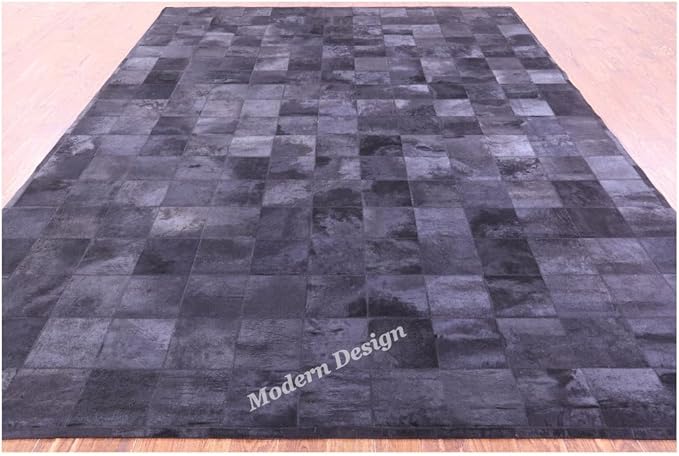 Modern Design Premium Cowhide Leather Carpet with Chevron Pattern, Area Rug (Black, 6x9)