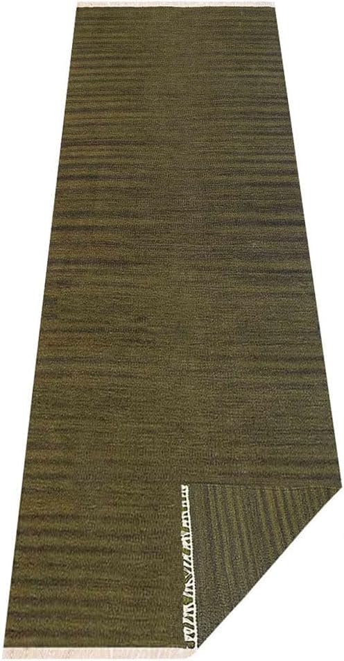 Rugsotic Carpets Hand Woven Flat Weave Kilim Wool ECO-Friendly Area Rugs - 2'6''x8', Runner Shape, Olive Color, Solid Plain Design, Low Pile Handmade Area Rugs for Living Room, Bed Room (D00111)