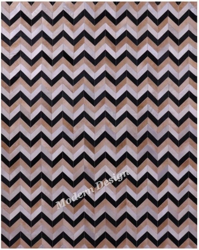 Modern Design Premium Cowhide Leather Carpet with Chevron Pattern, Area Rug (Beige/Black/Grey/Ivory, 8x10)