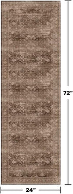 Brown Boho Washable 2x6 Runner Rugs for Hallway Kitchen Bedroom Beside Laundry Room Bathroom Rug, Pet & Kids Friendly, Non Slip Low Pile Stain Resistant Soft Faux Wool Long 24 x 72 Floor Carpet
