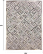 Premium Diamond Pattern Leather Area Rug, Geometric Cowhide Patchwork Carpet - 9X12 ft, Luxury Beige and Grey Non-Slip Floor Accent for Dining Room, Living Room, Hallway