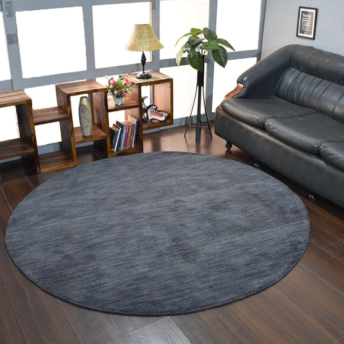 Hand Knotted Loom Wool ECO-Friendly Area Rugs - 6'x6', Round, Charcoal Color, Solid Plain Design, High Pile Thick Handmade Anti Skid Area Rugs for Living Room, Bed Room (L00111)