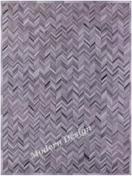 Modern Design Premium Cowhide Leather Carpet with Chevron Pattern, Area Rug (Natural Multi Grey, 3x5)