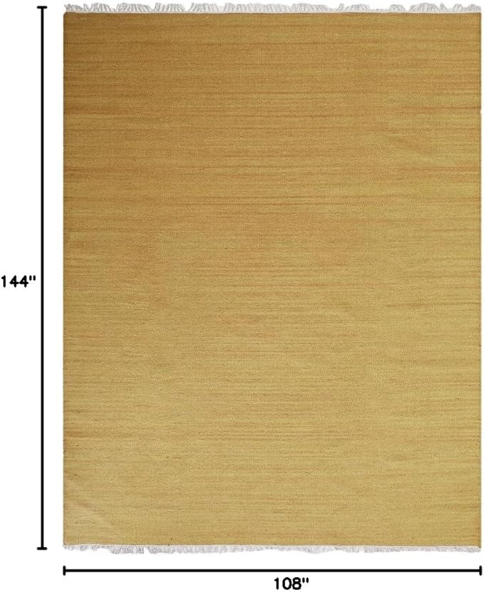 Rugsotic Carpets Hand Woven Flat Weave Kilim Wool ECO-Friendly Area Rugs - 9'x12', Rectangle Shape, Gold Color, Solid Plain Design, Low Pile Handmade Area Rugs for Living Room, Bed Room (D00111)