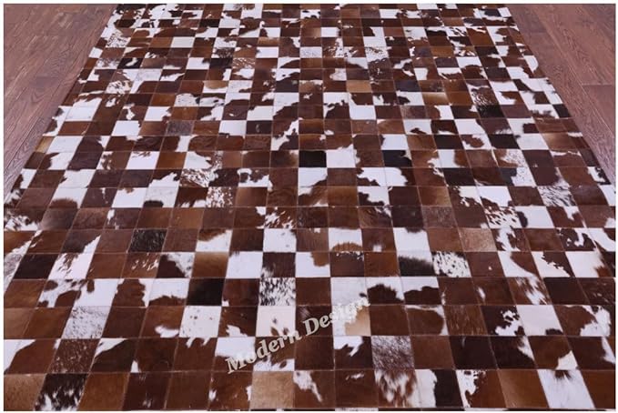 Modern Design Premium Cowhide Leather Carpet with Chevron Pattern, Area Rug (Brwon/White, 9'6"x14'0)