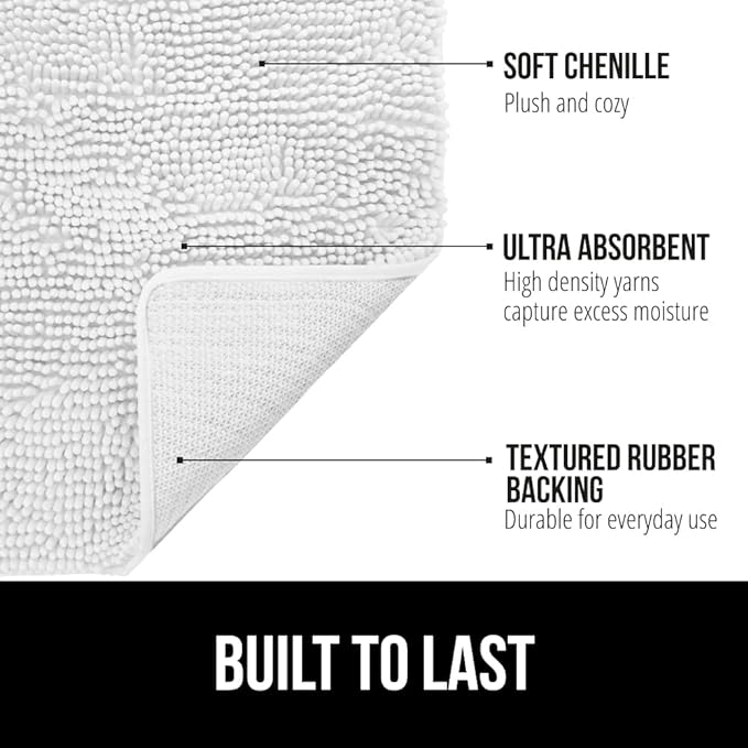 GORILLA GRIP Bath Rug Mat 70x24, Thick Soft Absorbent Chenille, Quick Dry Microfiber Mats, Rubber Backing Washable Shower Floor Rugs, Bathmat Runner, US Designed Bathroom Home Decor Accessories White
