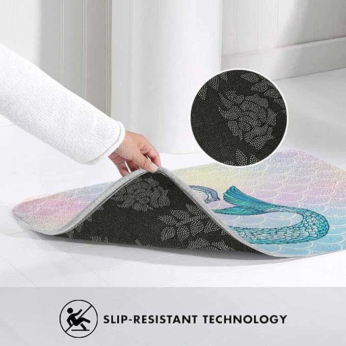 Mermaid with Harp Bath Mat for Bathroom Colorful Fantasy Scales Unicorn Pink Gradient Texture Bath Rugs Door Mat Non Slip Rubber Backed Bathroom Floor Mat for Bathtub Sink Shower 16"X24"