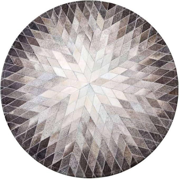 Cowhide Hairon Leather Round Rug, Geometric Patterned Circle Carpet for Living Room, Bedroom, Hall, Brown, 4×4ft