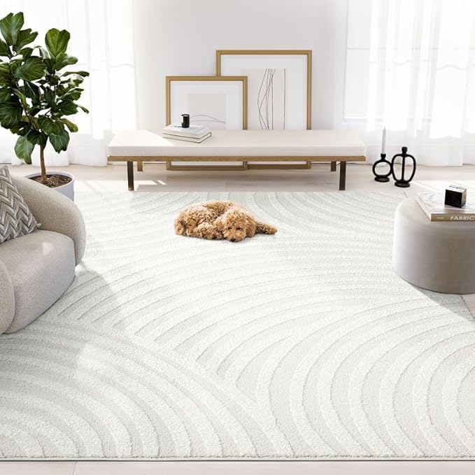 Abani Nomad Cream Tone-on-Tone Area Rug 5' x 8' for Living Room, Bedroom - Linear Curves Pattern - Durable & Easy to Clean