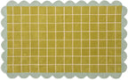Checkered Wool Area Rug with Scalloped Border, Chartreuse Green & Cream Grid, Hand-Tufted, Soft Cut Pile, Modern Cottagecore Living Room, Bedroom & Nursery Carpet - 7x7 Ft (Square)