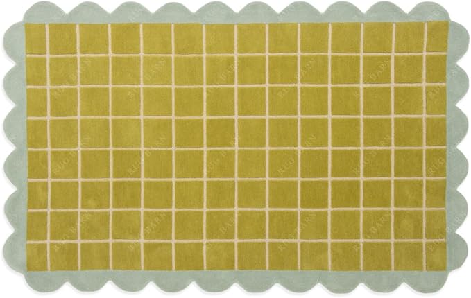 Checkered Wool Area Rug with Scalloped Border, Chartreuse Green & Cream Grid, Hand-Tufted, Soft Cut Pile, Modern Cottagecore Living Room, Bedroom & Nursery Carpet - 4x6 Ft