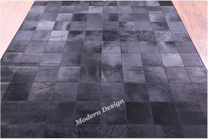 Modern Design Premium Cowhide Leather Carpet with Chevron Pattern, Area Rug (Black, 3x12)