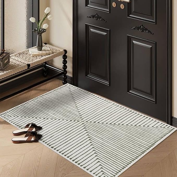GLN Rugs Contemporary Collection - Machine Washable Area Rug, Contemporary Washable, Non Slip, Low Pile Chenille Rug, Living Room, Bedroom, Kitchen Rug (2' x 3' Green Beige)