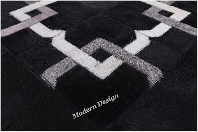 Modern Design Premium Cowhide Leather Carpet with Chevron Pattern, Area Rug (Black/Grey/White, 10x14)