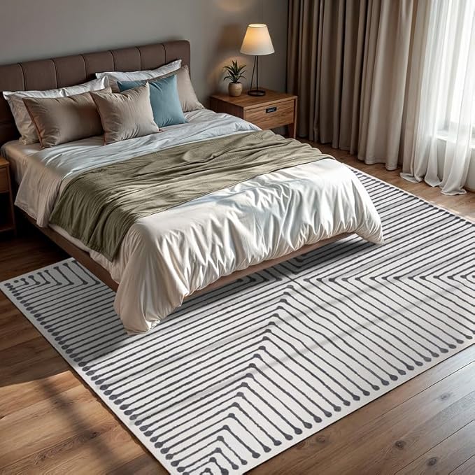 GLN Rugs Contemporary Collection - Machine Washable Area Rug, Contemporary Washable, Non Slip, Low Pile Chenille Rug, Living Room, Bedroom, Kitchen Rug (3' x 5' Black Beige)