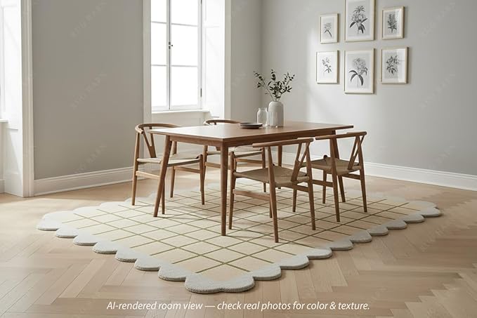 Scalloped Border Wool Area Rug with Windowpane Grid, Hand-Tufted, Beige-Blush with Sage Lines & Light Purple Edge - Soft High-Low Pile for Living Room, Bedroom, Nursery - 3x5 Ft