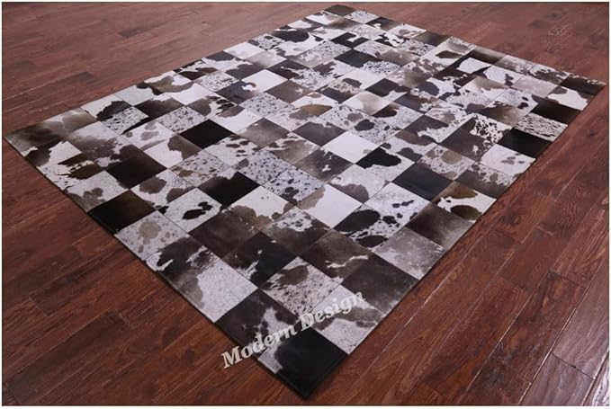 Modern Design Premium Cowhide Leather Carpet with Chevron Pattern, Area Rug (D.Brown/White, 9'6"x14'0)