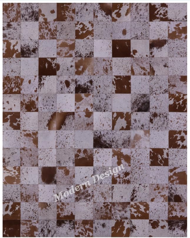 Modern Design Premium Cowhide Leather Carpet with Chevron Pattern, Area Rug (White/Brown, 9x12)
