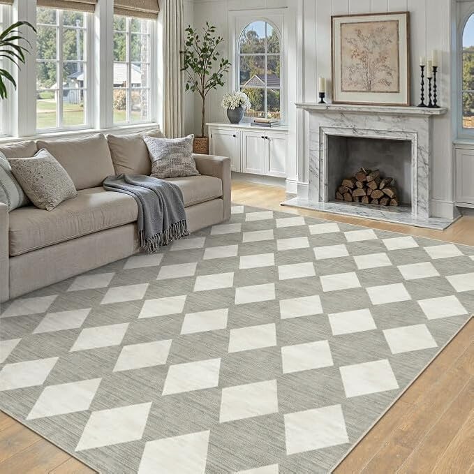 8x10 Checkered Area Rugs for Living Room Grey Machine Washable Large Rug Non-Slip Stain Resistant Low Pile Boho Accent Indoor Throw Carpet for Bedroom Dining Room Home Aesthetic Decor