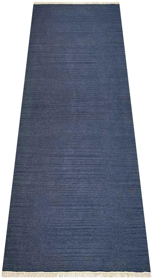 Rugsotic Carpets Hand Woven Flat Weave Kilim Wool ECO-Friendly Area Rugs - 2'6"x8', Runner Shape, Blue Color, Solid Plain Design, Low Pile Handmade 8ft Area Rugs for Living Room, Bed Room (D00111)