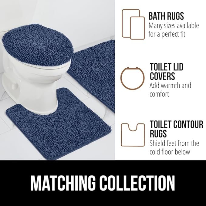 GORILLA GRIP Plush Absorbent Shaggy Chenille Bath Rug Mat for Oval Toilet Base with Rubber Backing, Machine Washable Rugs, Soft Microfiber Contour Mats for Toilets, Bathroom Decor, Navy Blu