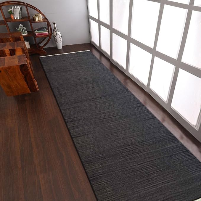 Rugsotic Carpets Hand Woven Flat Weave Kilim Wool ECO-Friendly Area Rugs - 2'6''x10', Runner Shape, Charcoal Color, Solid Plain Design, Low Pile Handmade Rugs for Living Room, Bed Room (D00111)