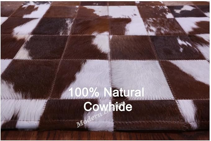 Modern Design Premium Cowhide Leather Carpet with Chevron Pattern, Area Rug (Brwon/White, 9x15)