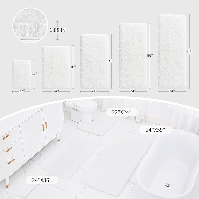 White Bathroom Runner Rug 24x70 Non Slip Fluffy Long Bath Mat for Bathroom Floor Washable Plush Luxury Bath Rug for Tub Absorbent Bathroom Shower Sink Mat Bedside Rug