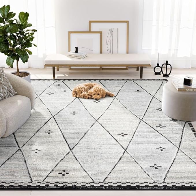 Abani Viva Cream & Grey Area Rug 5' x 8' for Living Room, Bedroom - Farmhouse Diamond Pattern - Durable & Easy to Clean