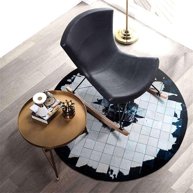 Round Black & White Cowhide Leather Area Rug – Modern Geometric Circle Carpet for Bedroom, Living Room, Dining, or Office – Soft, Non-Slip, Washable Accent Floor Rug | 6x6 ft