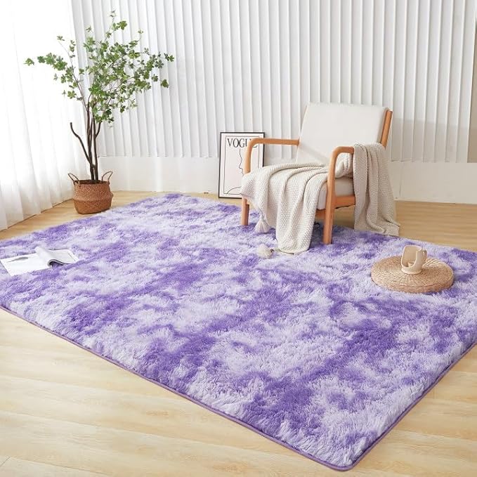 Andency Soft Area Rugs for Living Room Bedroom, 3x5 Non-Slip Fluffy Shag Carpet, Indoor Floor Fuzzy Shaggy Living Room Plush Rug for Kids Dorm Nursery Home Decor Aesthetic, Tie-Dyed Purple