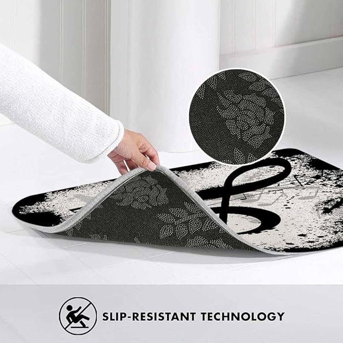 Music Notes Bath Mats for Bathroom Vintage Design Grunge Art Black Ground Silhouette Ink Splatter Floor Bath Rugs Machine Washable Bathmat Carpet Rug Room Decor for Shower Floor 16 X 24 inch Mat