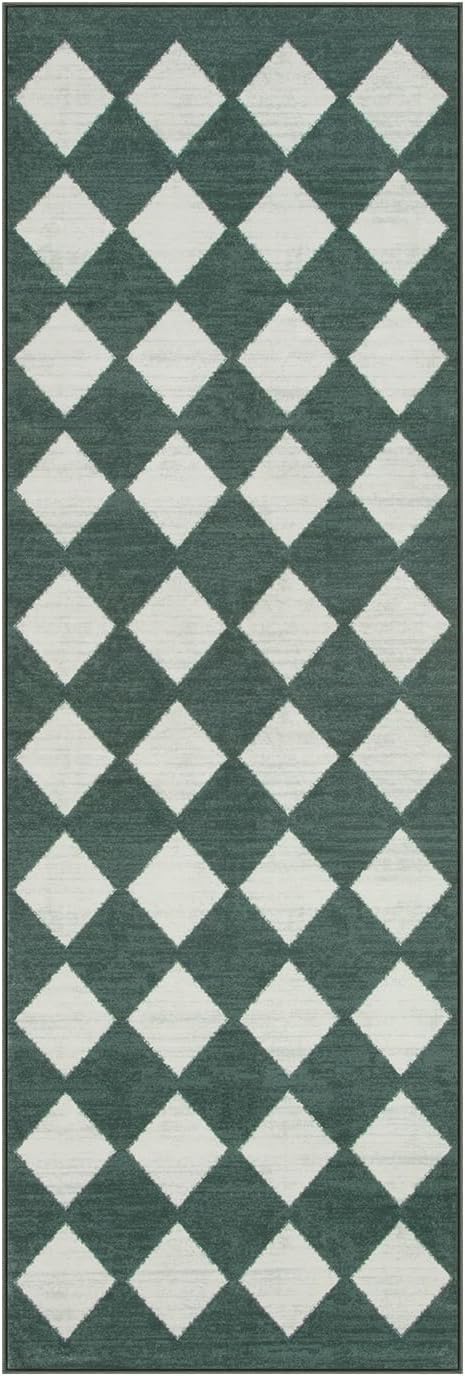 Lahome Checkered Washable 2x6 Green Runners for Hallways Non Slip, Ultra-Thin Kitchen Bathroom Runner Rugs, Moroccan Trellis Throw Carpet Runner for Bedroom Entryway Decor (2'x6',Dark Green)