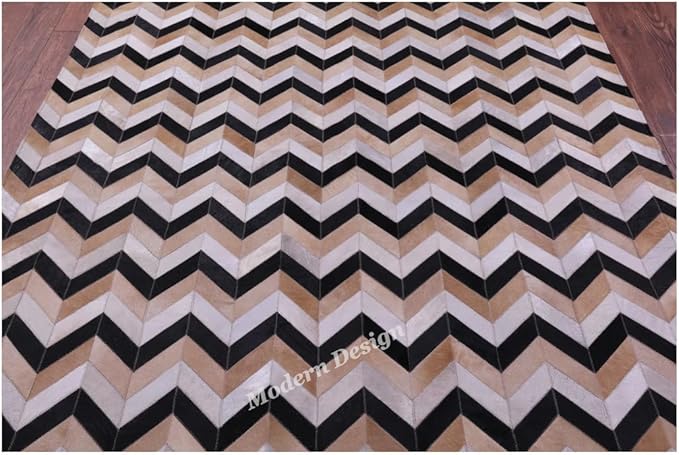 Modern Design Premium Cowhide Leather Carpet with Chevron Pattern, Area Rug (Beige/Black/Grey/Ivory, 8x10)
