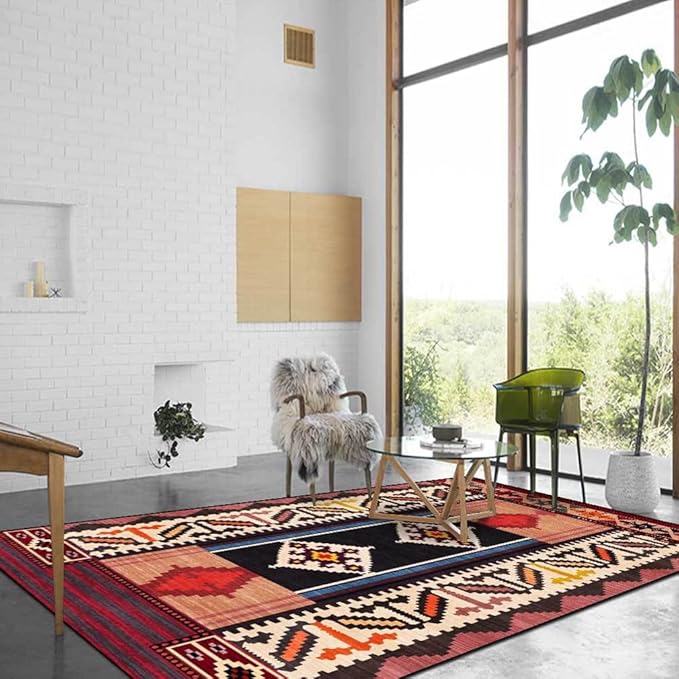 Vintage Boho Area Rugs Multicolor Ethnic Style Geometric Splicing Carpets Bedroom Living Room Kitchen Floor Mats Indoor Outdoor Non-Shedding Runner Rug Home Décor Carpet 2' X 4'