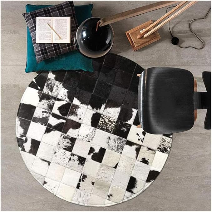 Cowhide Round Leather Rug 7x7 ft – Genuine Hair-On Hide Patchwork Area Rug for Living Room, Bedroom, Kids Playroom, Lounge & Western Home Decor