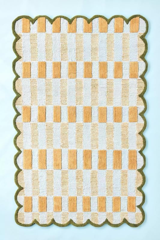 Handmade Scalloped Wool Area Rug - Modern Geometric Pattern, Green-Beige Stripes, Checkered Chevron Design - Soft, Durable Thick Carpet for Living Room, Bedroom (Gold, 9' x 12')