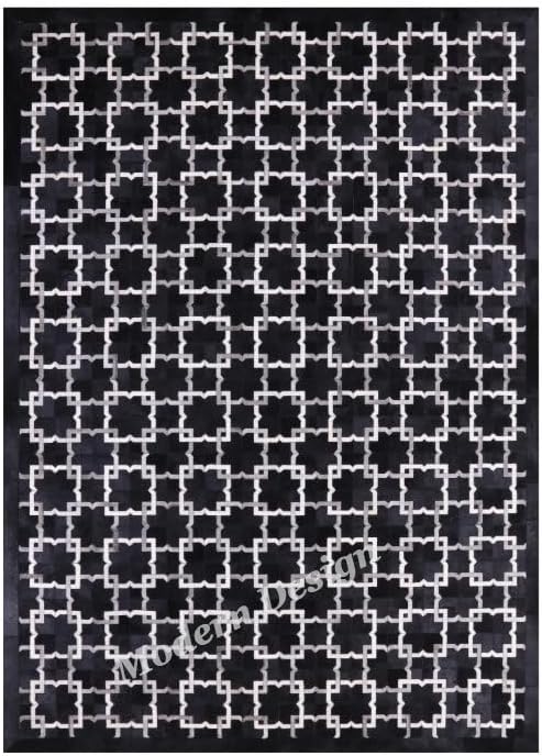 Modern Design Premium Cowhide Leather Carpet with Chevron Pattern, Area Rug (Black/Grey/White, 6x9)