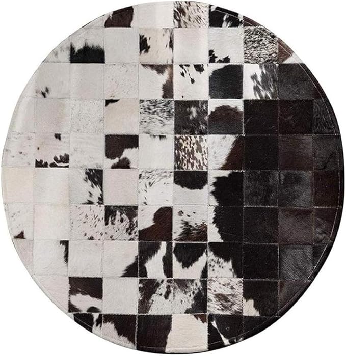 Cowhide Round Leather Rug 5x5 ft – Genuine Hair-On Hide Patchwork Area Rug for Living Room, Bedroom, Kids Playroom, Lounge & Western Home Decor