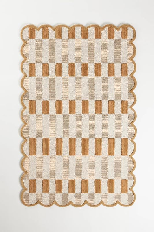 Handmade Scalloped Wool Area Rug - Modern Geometric Pattern, Green-Beige Stripes, Checkered Chevron Design - Soft, Durable Thick Carpet for Living Room, Bedroom (Neutral Beige, 6' x 9')