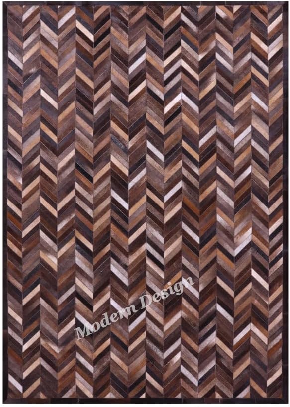 Modern Design Premium Cowhide Leather Carpet with Chevron Pattern, Area Rug (Natural Multi Brown, 10x14)