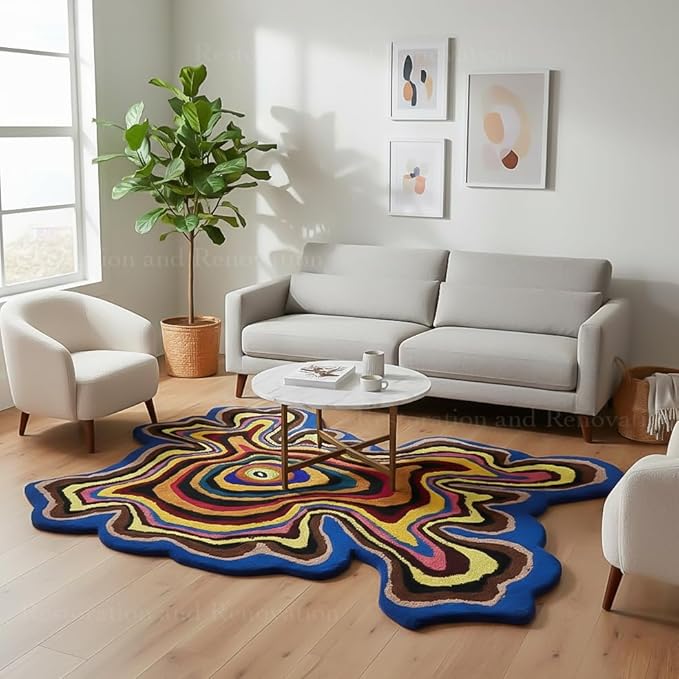 Irregular Shaped Handmade Wool Rug | Modern Colourful Stripe Premium Area Rug Perfect for Home Decor (Multi., 10x10 ft)