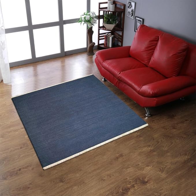 Rugsotic Carpets Hand Woven Flat Weave Kilim Wool ECO-Friendly Area Rugs - 8'x8', Square Shape, Blue Color, Solid Plain Design, Low Pile Handmade Area Rugs for Living Room, Bed Room (D00111)