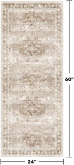 Boho Bathroom Rug 2x5 Runner, Neutral Farmhouse Kitchen Rugs, Small Throw Runners for Laundry Room Bedroom, Vintage Floral Décor, Non-Slip Low-Pile Washable Stain Resistant Beige Latte