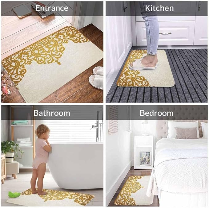 Floral Border Bath Mats for Bathroom Vintage Gold Flower Border Retro Victorian Style Pattern Floor Bath Rugs Machine Washable Bathmat Carpet Rug Room Decor for Shower Floor 20 X 31 Inch Mat