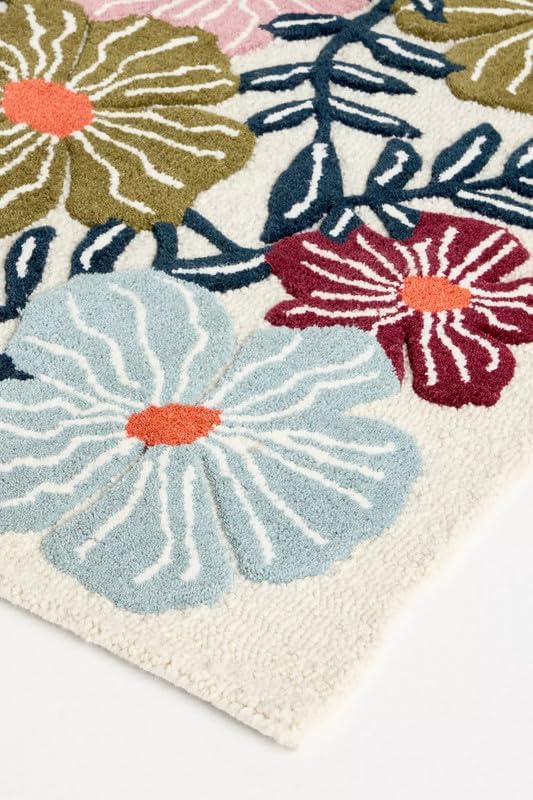 Bold Floral Hand-Tufted Wool Rug 3x6 Ft – Vintage-Style Area Carpet with Modern Botanical Pattern for Living Room, Bedroom, Nursery, Cottagecore Décor, Soft Wool Pile, Cotton Backing