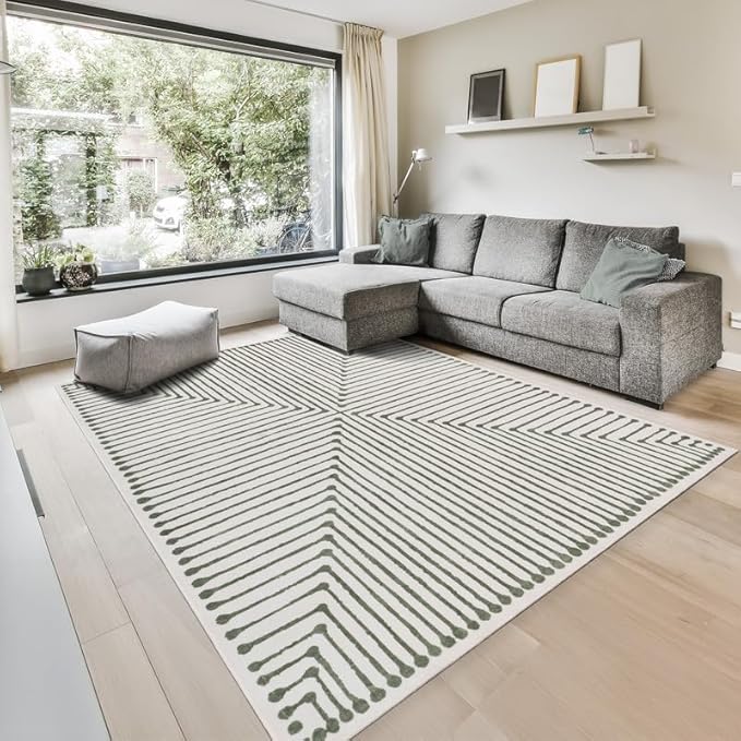 GLN Rugs Contemporary Collection - Machine Washable Area Rug, Contemporary Washable, Non Slip, Low Pile Chenille Rug, Living Room, Bedroom, Kitchen Rug (9' x 12' Green Beige)