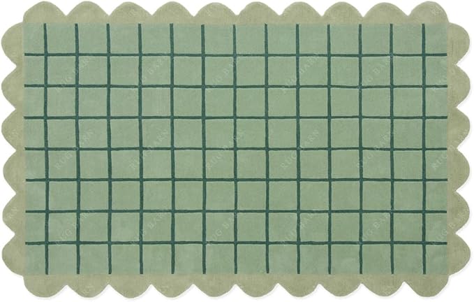 Mint Green Scalloped Edge Wool Area Rug with Checker Grid Design, Hand-Tufted Soft Carpet for Living Room, Bedroom, Nursery, Kids & Playroom Décor - 8x12 Ft