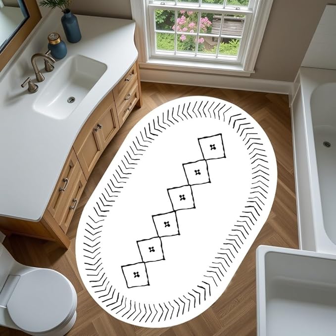 Simple Black and White Geometric Texture Bordered Area Rug 9x12 for Living Room Bedroom Dining Room Soft Washable Anti Slip Floor Mats Doormat Modern Minimalist Large Carpet Cozy Indoor Oval Rugs