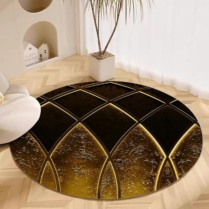 Luxury Black Gold Round Rug Vintage Golden Texture Living Room Circle Area Rugs 6ft Washable Soft Non Slip Low Pile Indoor Floor Carpet for Bedroom Office Kitchen Coffee Table